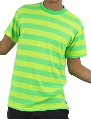 Striped T Shirt Top Green & Yellow Fancy Dress Short Sleeve 100% Polyester S-xxl • £12.99