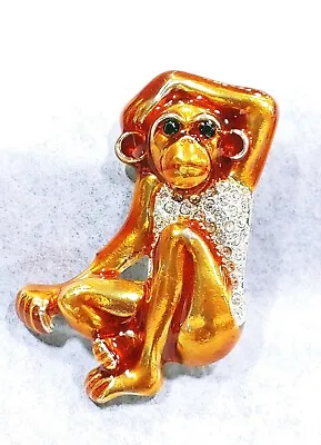 W) Vintage 2 1/8  Monkey Ape Orangutang Brown Clear Rhinestone Brooch Pin Silver • $11