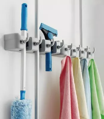 Wall Mounted Mop And Broom Holder 5 Position With 6 Hooks Garage Storage Holds • $9.39