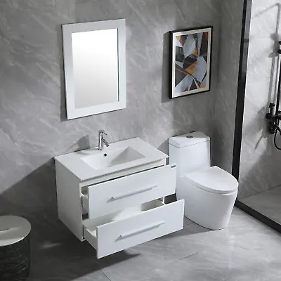 32  Bathroom Vanity Cabinet Wall Mounted Floating Vanity Ceramic Sink W/Mirror • $409.99