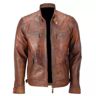 Men's Vintage Distressed Lambskin Biker Leather Jacket • $39.99