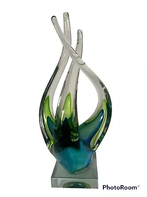 Murano Italian Art Glass Blue Green Swirls W/Glass Base Show Piece Pristine • $87.50