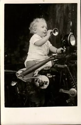 Antique RPPC Postcard  YOUNG CHILD BLOWING HORN  RIDING ARDIE MOTORCYCLE • $5.99