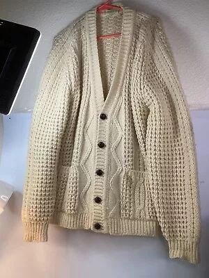 46” Gaeltarra 100% Wool Cardigan Sweater Ireland Cable Knit Ivory Fisherman • $38.88