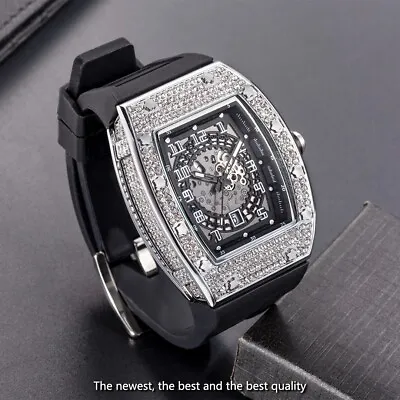 MISSFOX Men's Ice Out Watch Waterproof Stainless Steel Diamond Luxury Gift NEW • £73.99
