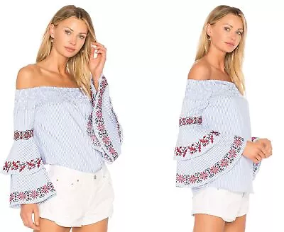 VAVA By Joy Han Revolve Beatrice Off The Shoulder Embroidered Top Blue Small • $29