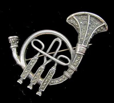 Vintage 925 Sterling Silver Marcasite French Horn Brooch Pin Musical Instrument • $29.99
