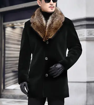 Winter Mens Faux Fur Overcoat Fur Collar Jacket Outdoor Trench Coat Parka • £39.96