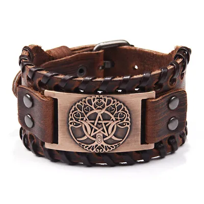 Men's Norse Viking Tree Of Life&Moon&Star Leather Cuff Wristband Bracelet Gifts • $7.49