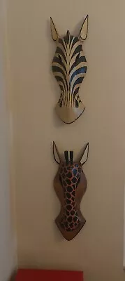 African Wooden Mask Carvings X 2 Giraffe Zebra Hand Painted Wall Hanging 15  • £15