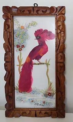Vintage Mexican Folk Art Feather Craft Bird Picture Carved Frame  • $19.96