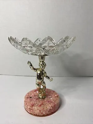 Compote Candy Dish Pedestal Cross Glass Gold Metal Cherub Pink Chip Resin Base • $15
