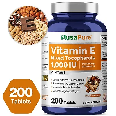NusaPure Vitamin E 1000 IU 200 Tablets (Non-GMO & Gluten-Free) • $45.50