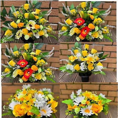 Grave Pot Memorial Arrangements Artificial Silk Flowers Cemetery Yellow • £2.90