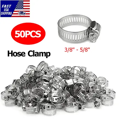 $9.99 • Buy 50pcs HOSE CLAMPS 3/8  To 5/8  Adjustable Steel Band Worm Clip Universal Fit New