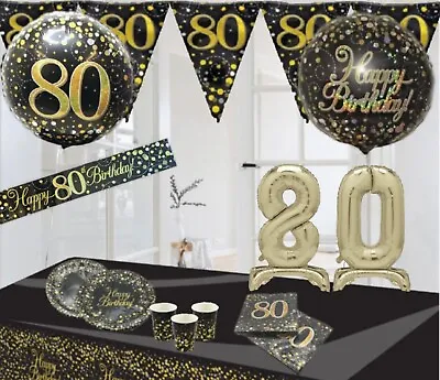 Age 80th & Happy Birthday Black Gold Party Decorations Bunting Banners Balloons • £8.49