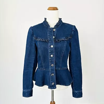 Review Womens Micah Denim Jacket Top Peplum Long Sleeve Button Up Size 10 • $69.95