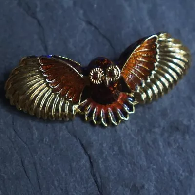 Vintage Brooch - Flying Owl Vintage  Brown Enamel Wingspan  - Gold Tone Metal • $9.74