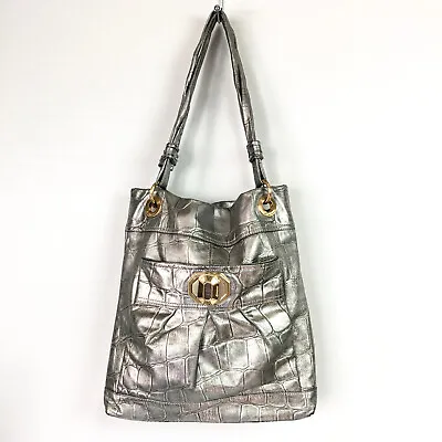 B Makowsky Shoulder Bag Tote Silver Croc Embossed Leather Gold Tone Hardware • $35.59