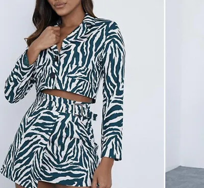 I Saw It First Green Cropped Zebra Printed Blazer Uk Size 10   B13 • £17.99