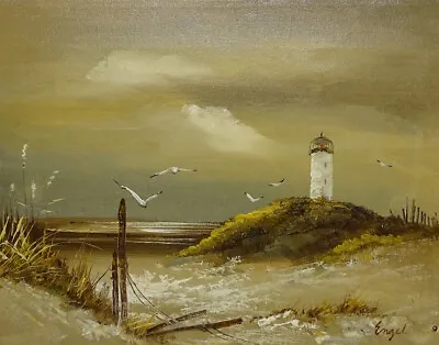 Vintage Sepia Toned Seascape Lighthouse Oil Painting Signed Engel O/C Unframed  • $38.50