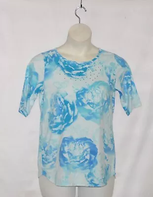 Quacker Factory Embellished Floral Printed Knit Top Size S Ocean Blue • $13.99