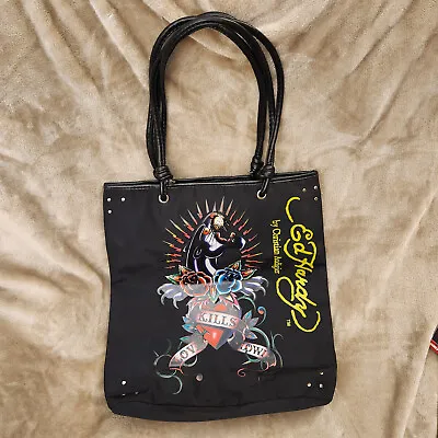 Ed Hardy Christian Audigier Love Kills Slowly Purse Tote Bag Black Panther Flash • $27.98