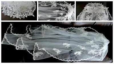 VNTG Wedding Veil Crown/Headband Tambour Lace Appliques Faux Pearls 2 Layers 56  • $95