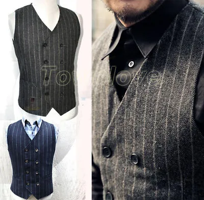 Vintage Mens Double Breasted Herringbone Wool Tweed Waistcoat Stripe Vest Gilet • $32.19
