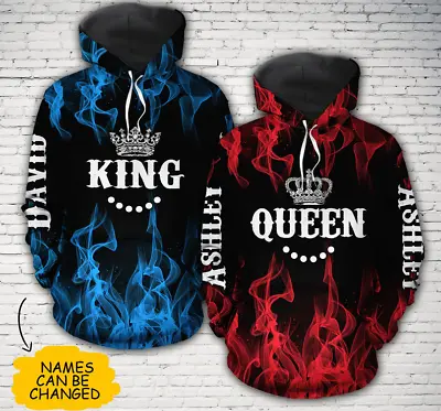 King And Queen Hoodie Custom Name All Over Print Valentine Gift Couple Matching • $42.98