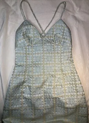 Vintage Cynthia Rowley  Mini Cocktail Dress Metallic Gold Light Blue Size 6 • $60