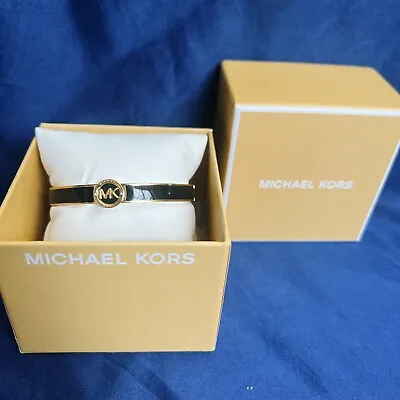 MICHAEL KORS Haute Gold-Tone Black Enamel Logo Bangle Womens Bracelet $115 NWT • $69.99