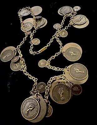 Rare Vintage MIRIAM HASKELL 1970s Coin Pendant Necklace Queen Elizabeth Pat.!! • $225