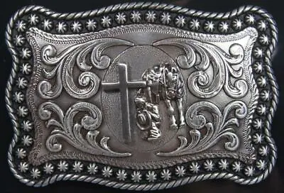 Nocona Western Belt Buckle Praying Cowboy Horse Rope Edge Silver 3759059 • $28