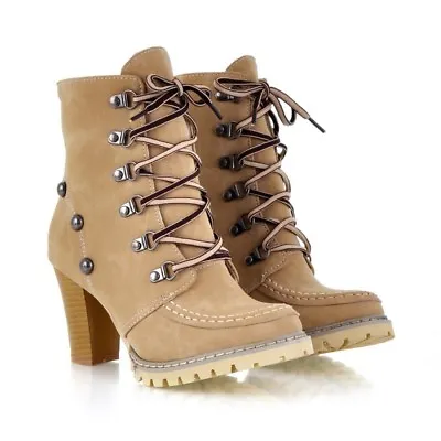 Womens Lace Up Combat Ankle Boots High Block Heels Shoes Rivet Military Shoes • $43.19