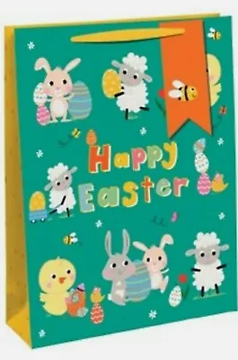 2 X  Large Happy Easter Gift Bags CHICKS AND BUNNIE S 18 X13   GREEN BAG • £6.99