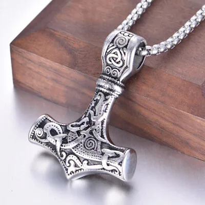 DEZILOO Mens Norse Viking Thors Stainless Steel Hammer Mjolnir Pendant Necklace • $10.52
