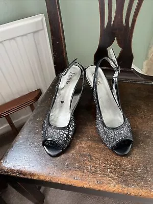 Black Lace Look Occasion Wear Adjustable Sling Back Heeled Shoes By Lotus Size 6 • £3