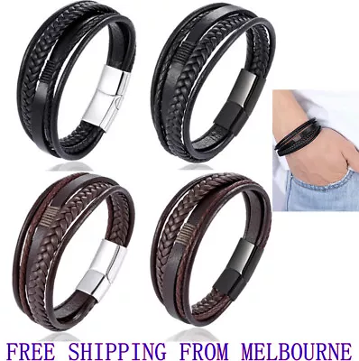 Men Stainless Steel Buckle Leather Bracelet Bangle Cuff Vintage Wristband Rope • $5.82