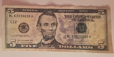 Fancy Serial Number Binary 3's And 6's Five Dollar Bill ML63336636 • $11.99