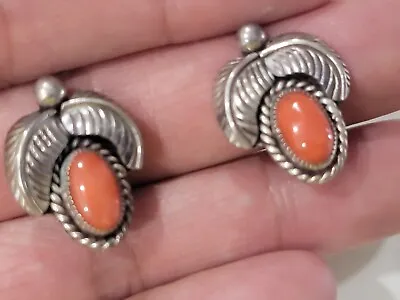 Vintage Navajo Sterling Silver And Coral Feather Clip On Earrings.   • $39.99