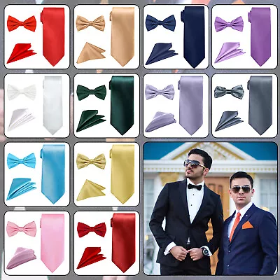 Men's Plain Neck Tie & Handkerchief 3pcs Set Bow Tie Formal Wear Suit Wedding • £3.59