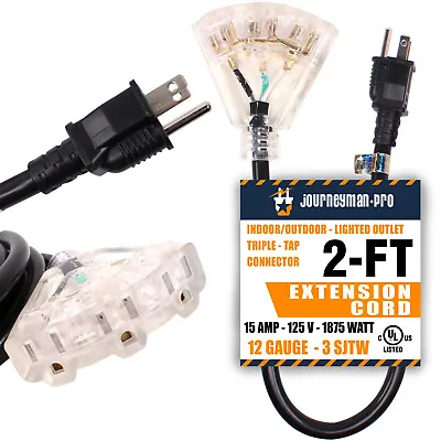 2' Short Extension Cord 2FT Heavy Duty Lighted 3 Outlet Construction 15A 12 AWG • $13.97