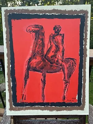 VTG MCM SILKSCREEN On Canvas MARINO MARINI 1955 Signed HORSE Print  The Rider  • $125