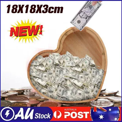 Heart Wooden Piggy Bank Coin Saving Money Box Funny Moneybox Gift Kids Xmas • $19.89
