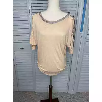 Miss Me Peach Gray Mesh Beaded Short Sleeve Shirt Women's Size Medium • $20