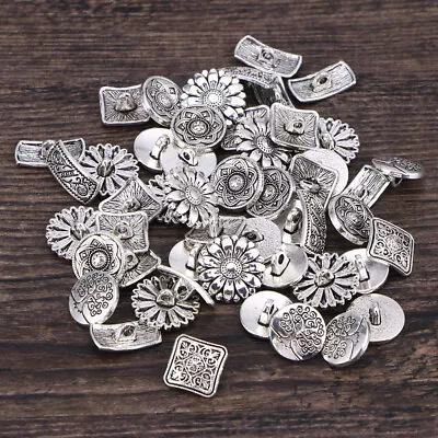 50 Vintage Silver Flower Metal Coat Buttons For DIY Sewing • £11.09