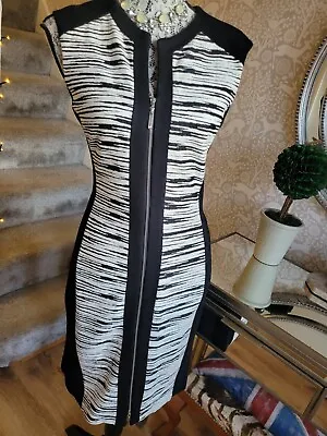 Roman Originals Black And White Stripe Bodycon Dress Zip Front Size UK10 • £15