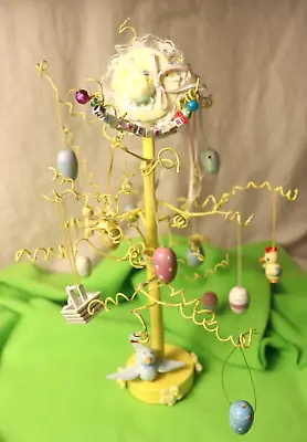 Vintage Easter Tree With Wood Eggs Baskets Bonnet & Chicks Ornaments 14  • $6.99