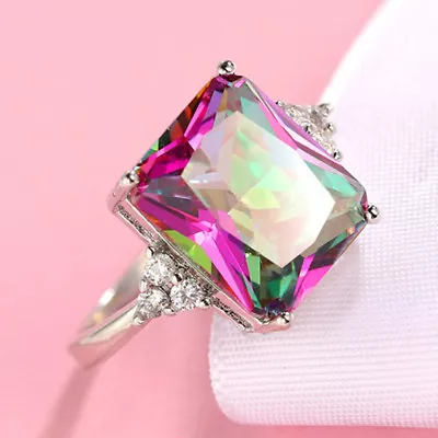 16.5 Cts Huge Rectangle Rainbow Mystic Fire Topaz Gems Solid Silver Ring Sz 6-10 • $6.44